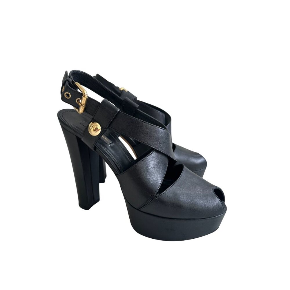 LOUIS VUITTON Wide Strappy Black Leather Platform Heels Size 37 / US 7 - Picture 2 of 12
